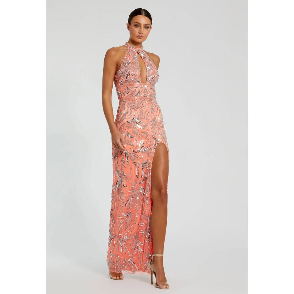 Mac Duggal Pink Embellished High Neck Gown with Slit NWT size 2